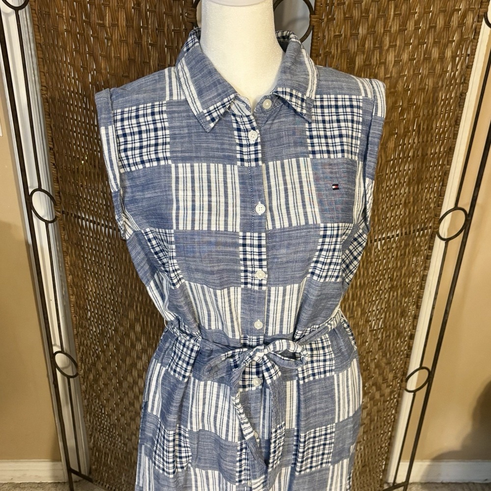Tommy Hilfiger Blue Plaid Patchwork Sleeveless Shirt Dress Womens 8 Tie Waist - Picture 3 of 12